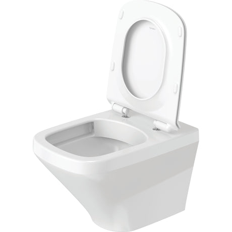 Toilette suspendue blanche Duravit en céramique, abattant ouvert, design moderne.