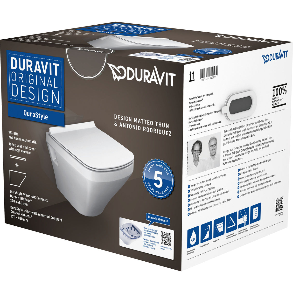 Cuvette WC suspendue blanche, marque Duravit, modèle DuraStyle, sur emballage carton.