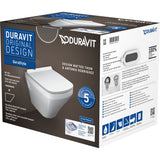 Cuvette WC suspendue blanche, marque Duravit, modèle DuraStyle, sur emballage carton.