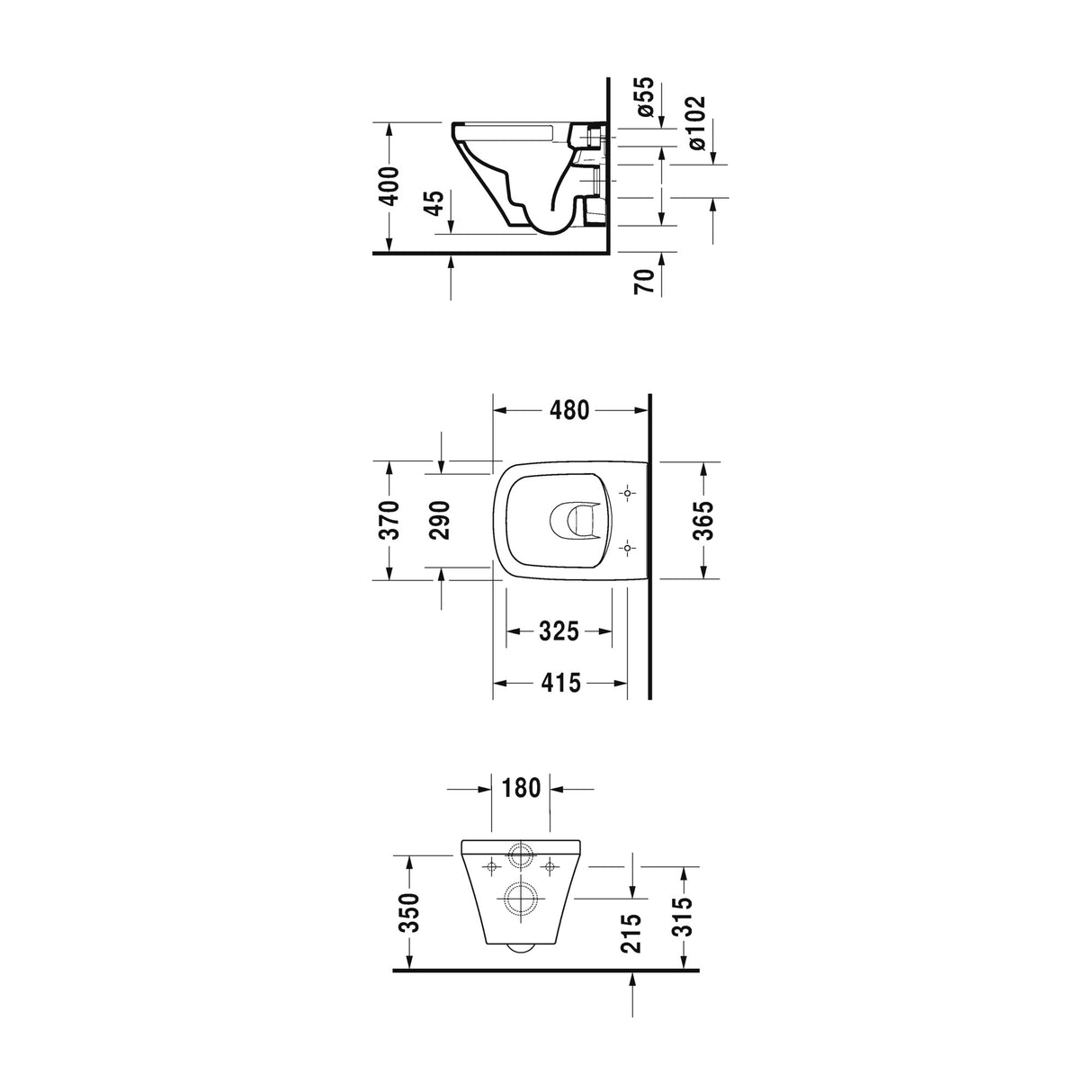 Plan technique WC suspendu Grohe blanc, dimensions détaillées du sanitaire.
