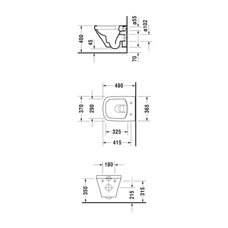 Plan technique WC suspendu Grohe blanc, dimensions détaillées du sanitaire.