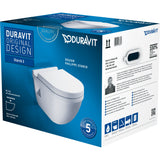 Toilette suspendue blanche Duravit Starck 3, emballage produit, design moderne.