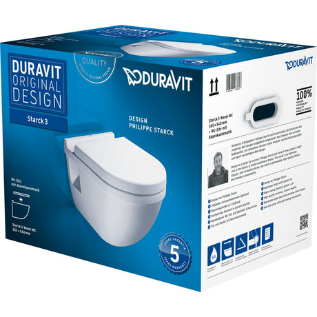 Toilette suspendue blanche Duravit Starck 3, emballage produit, design moderne.