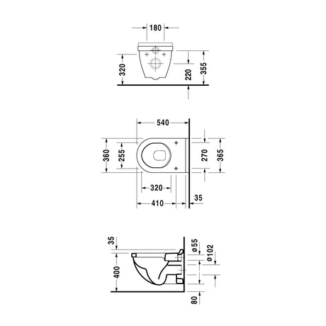 Schéma technique Grohe de WC suspendu blanc avec dimensions précises en millimètres.