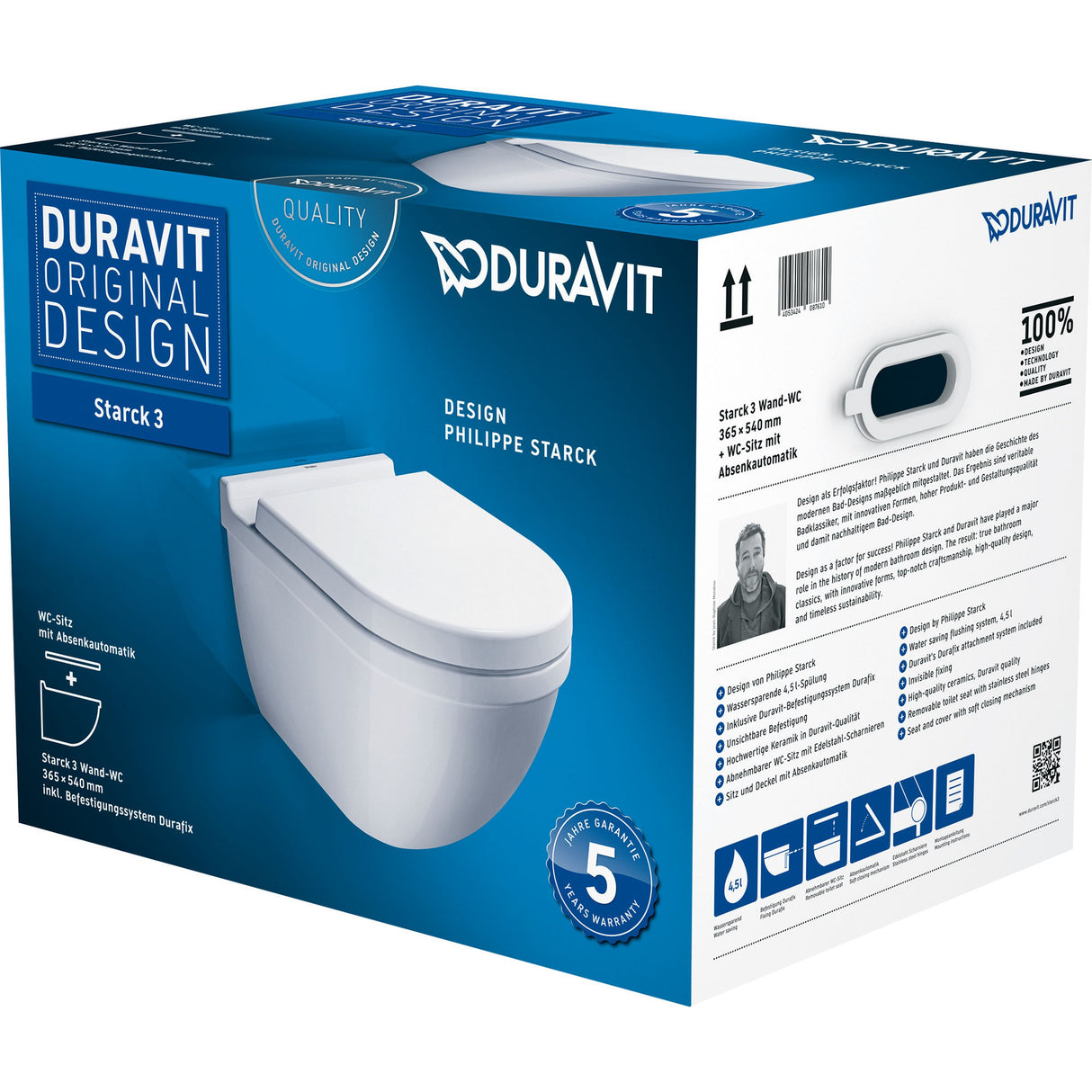 Toilette suspendue blanche Duravit Starck 3, design moderne, emballage produit visible