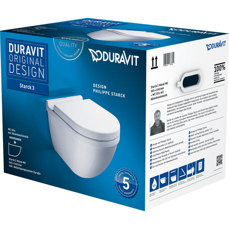 Toilette suspendue blanche Duravit Starck 3, design moderne, emballage produit visible