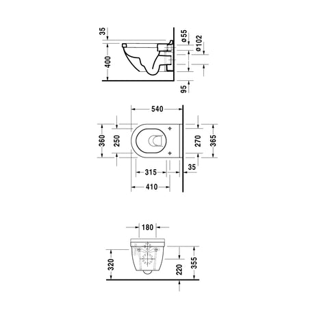 Schéma technique WC suspendu, marque Grohe, couleur blanc, dimensions détaillées.