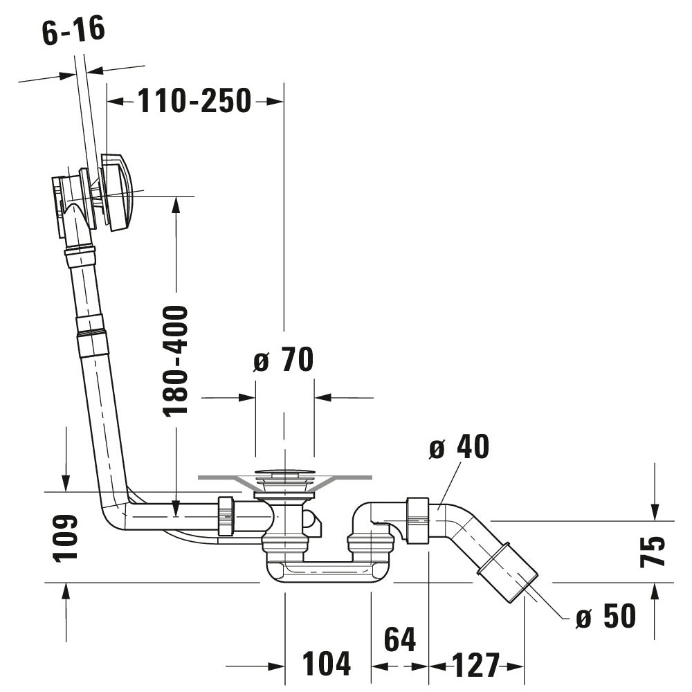 Siphon de baignoire Grohe, type évacuation, couleur chromée, schéma technique dimensionné