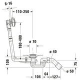 Siphon de baignoire Grohe, type évacuation, couleur chromée, schéma technique dimensionné