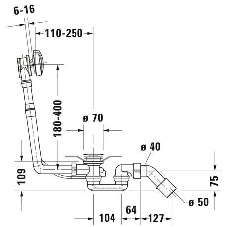 Siphon de baignoire Grohe, type évacuation, couleur chromée, schéma technique dimensionné
