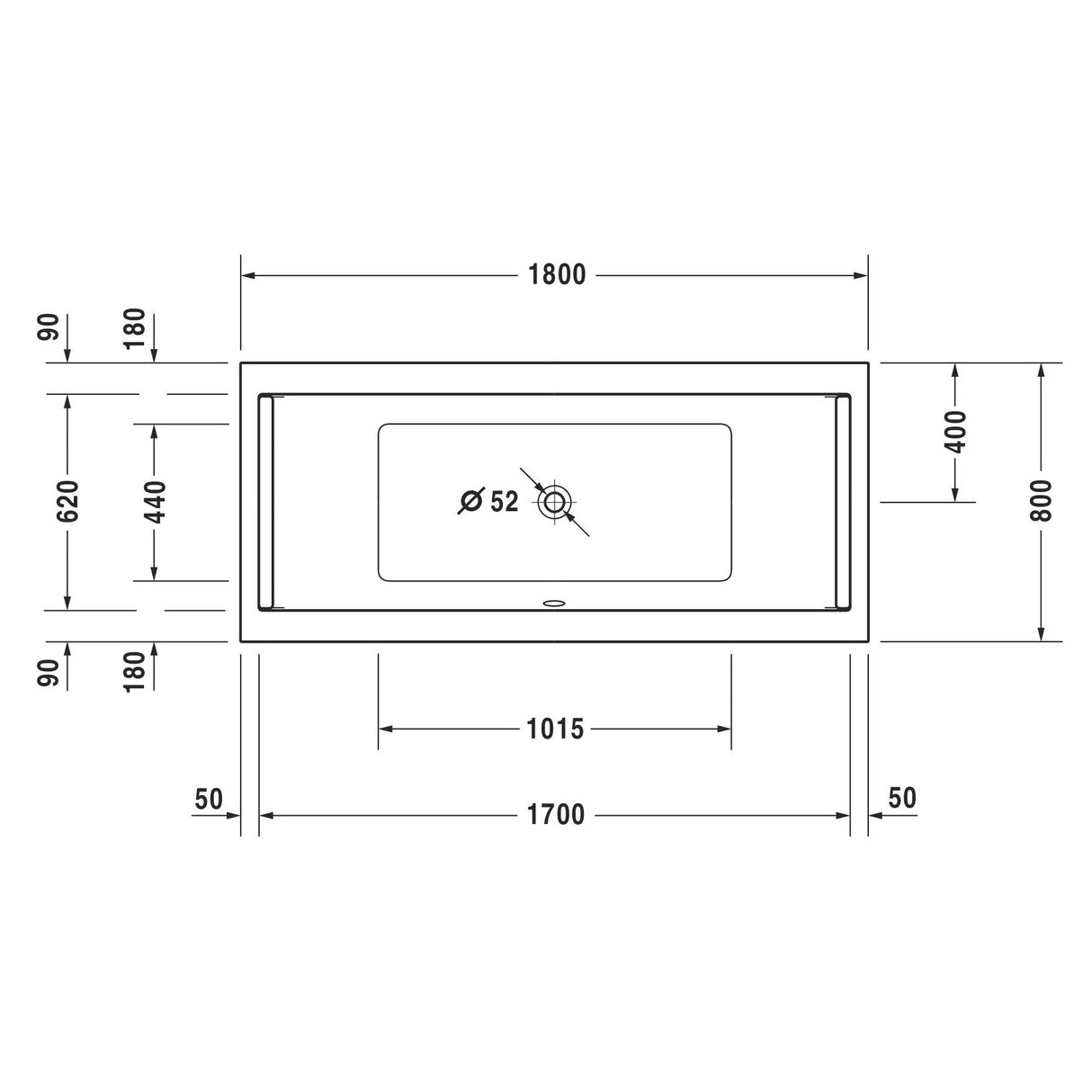 Plan technique baignoire blanche Grohe rectangulaire, dimensions détaillées