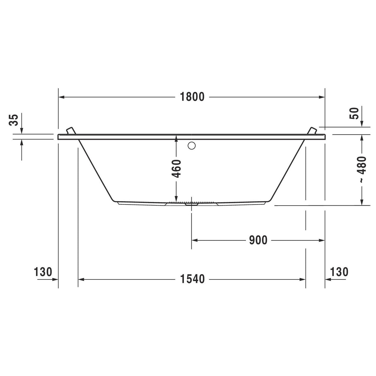 Schéma baignoire Grohe blanche avec dimensions détaillées, type rectangulaire