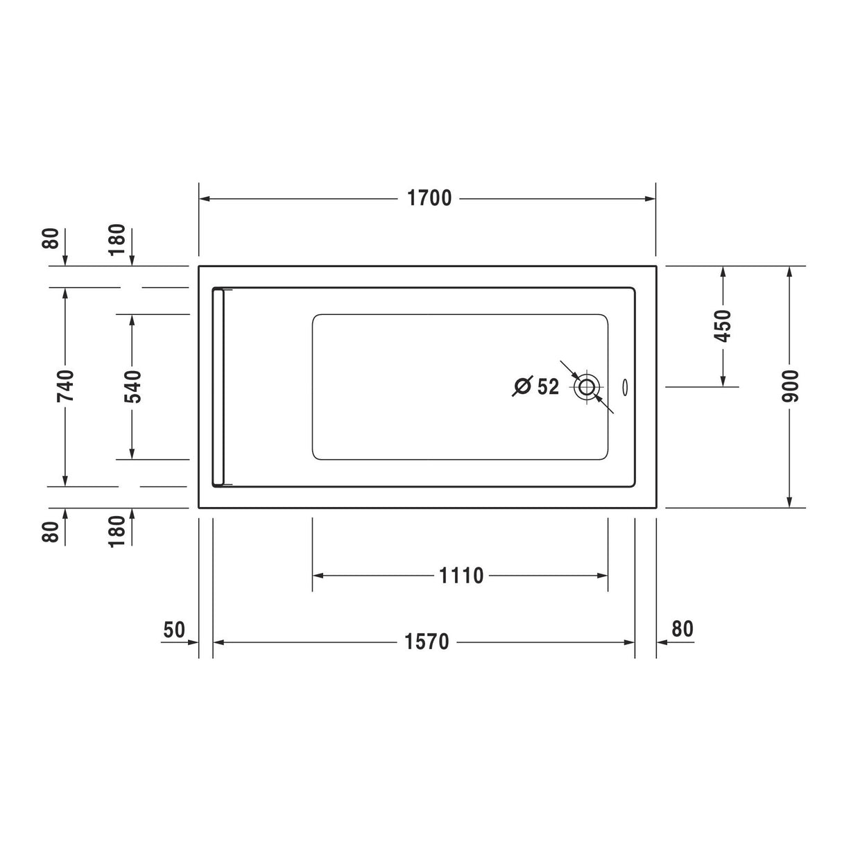 Plan technique baignoire blanche Grohe avec dimensions détaillées, produit sanitaire