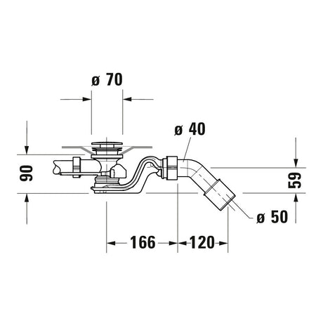 Siphon d'évier Grohe en métal chromé, schéma technique avec mesures détaillées.