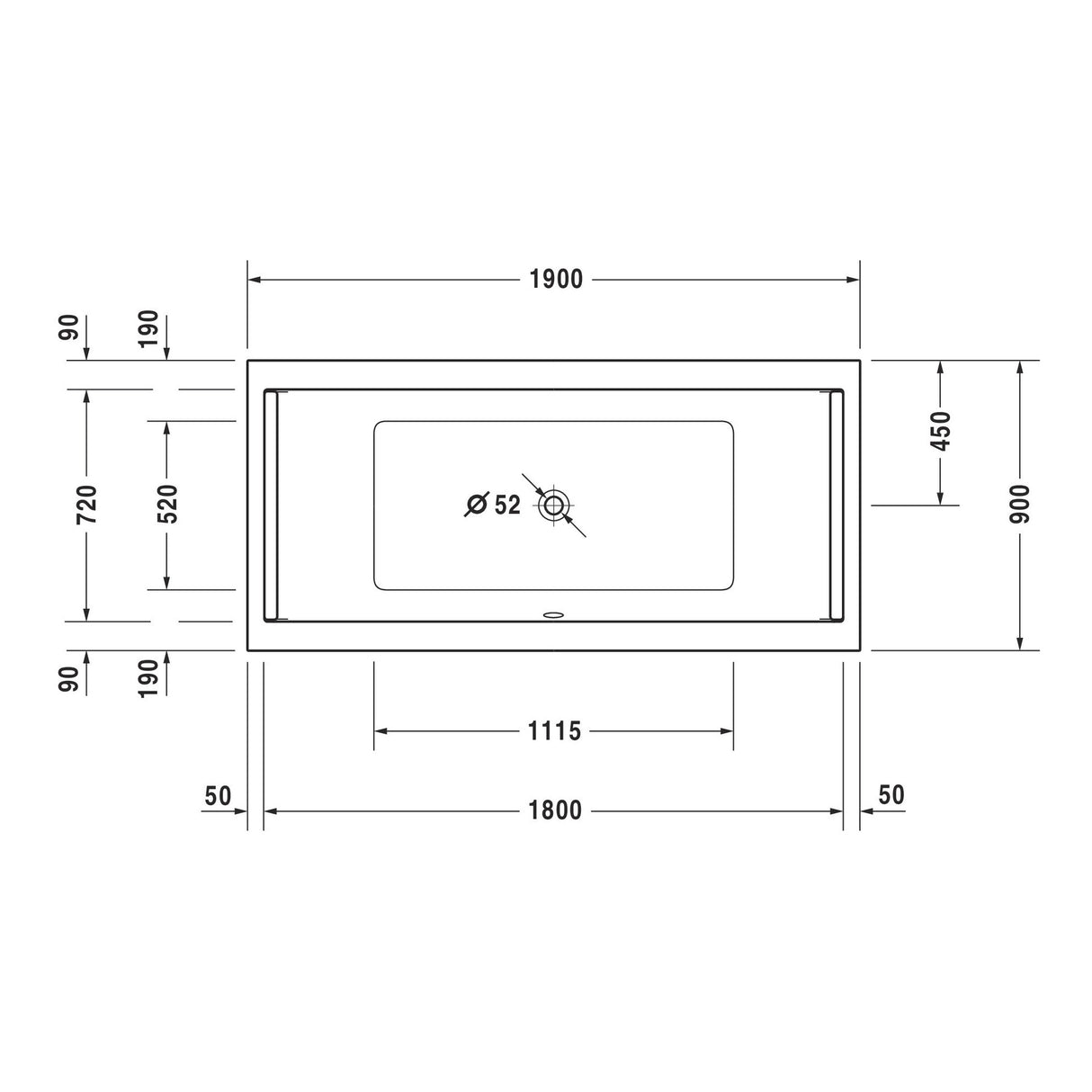 Plan technique baignoire Grohe rectangulaire blanche, dimensions détaillées, évacuation centrée.