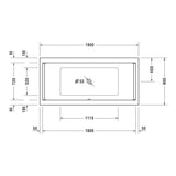 Plan technique baignoire Grohe rectangulaire blanche, dimensions détaillées, évacuation centrée.