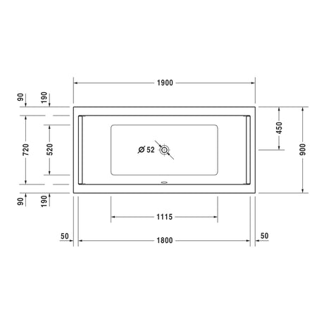 Plan technique baignoire Grohe rectangulaire blanche, dimensions détaillées, évacuation centrée.