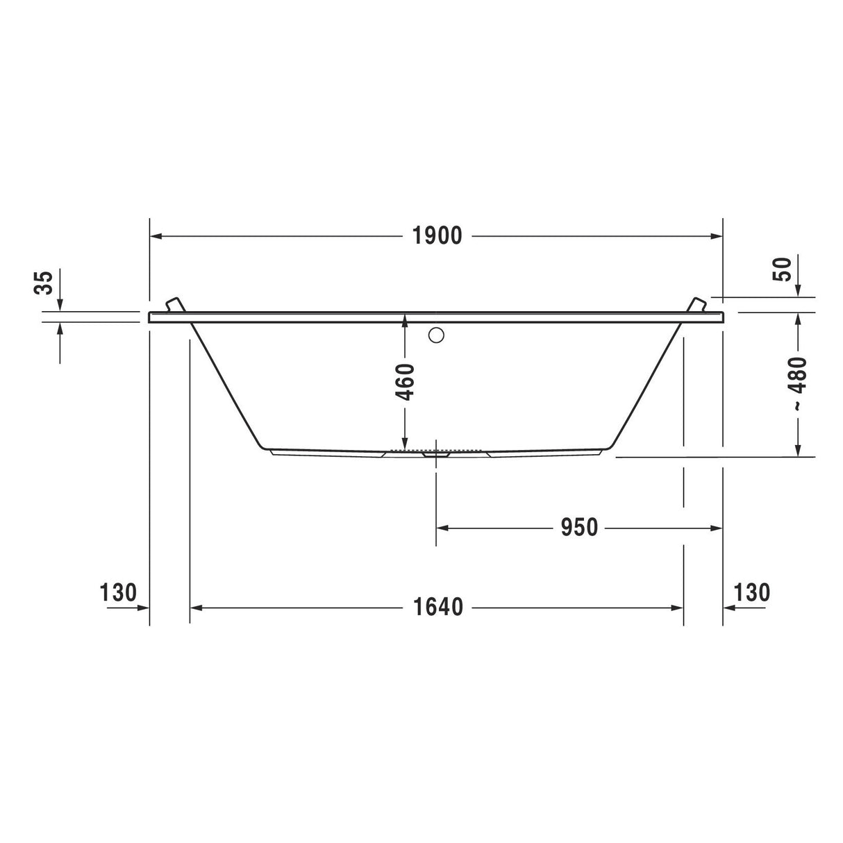 Baignoire blanche Grohe, schéma technique, dimensions en vue latérale