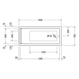 Plan technique de baignoire blanche Grohe, rectangulaire, dimensions 160x70 cm.