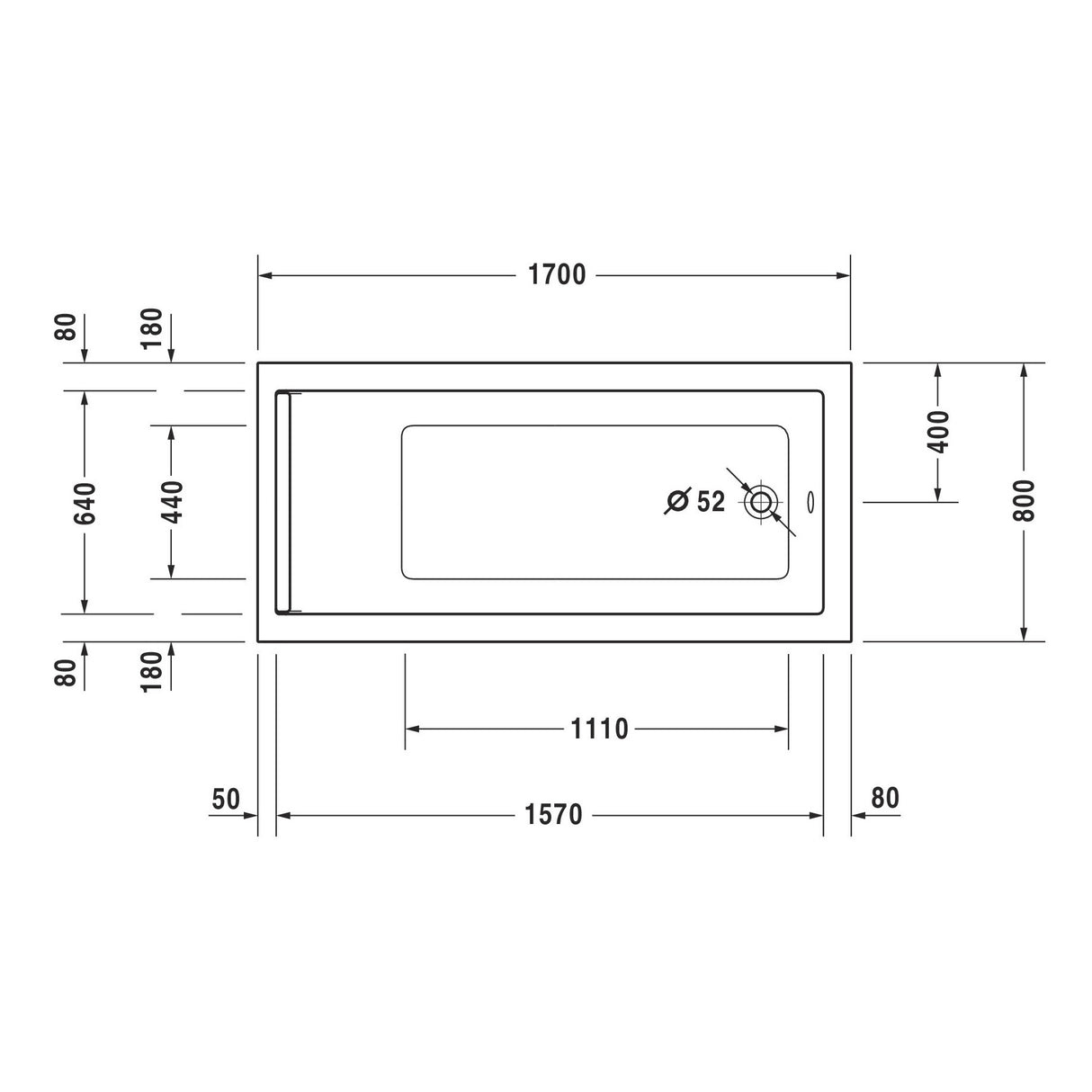 Plan technique baignoire blanche Grohe, dimensions 170x80 cm, vue de dessus