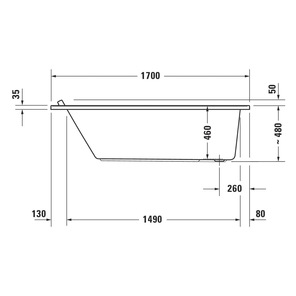 Baignoire blanche Grohe, schéma technique avec dimensions précises, type sanitaire