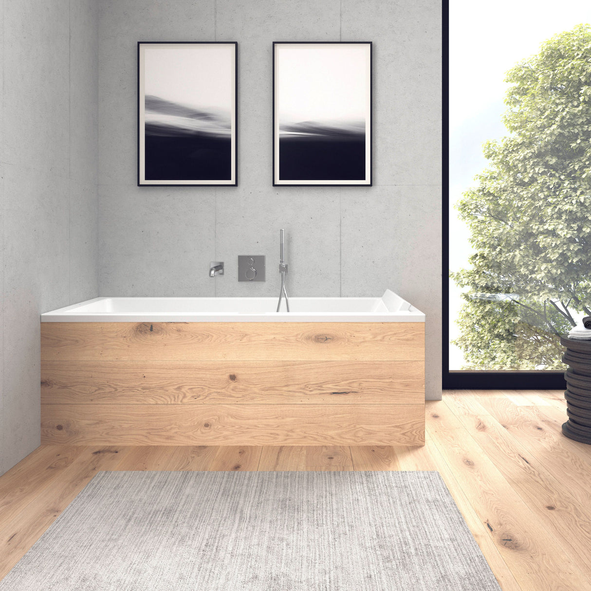 Baignoire Grohe rectangulaire, finition bois clair, design moderne, robinet chromé.