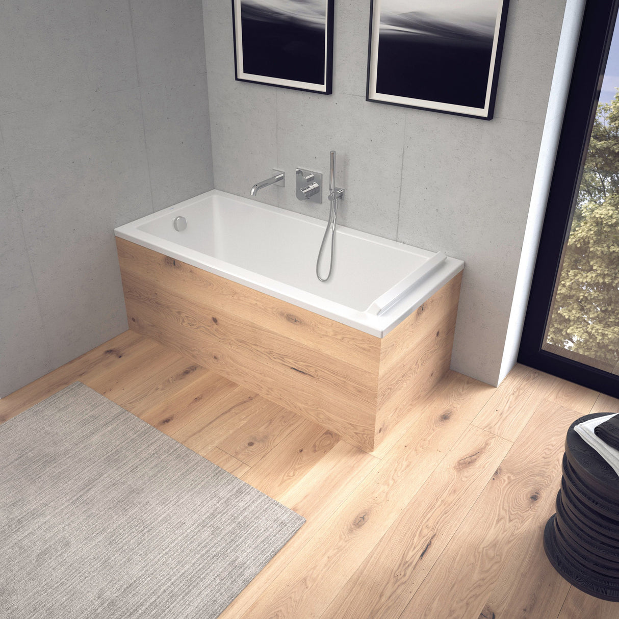 Baignoire blanche Grohe, type rectangulaire, habillage bois clair, salle de bain moderne