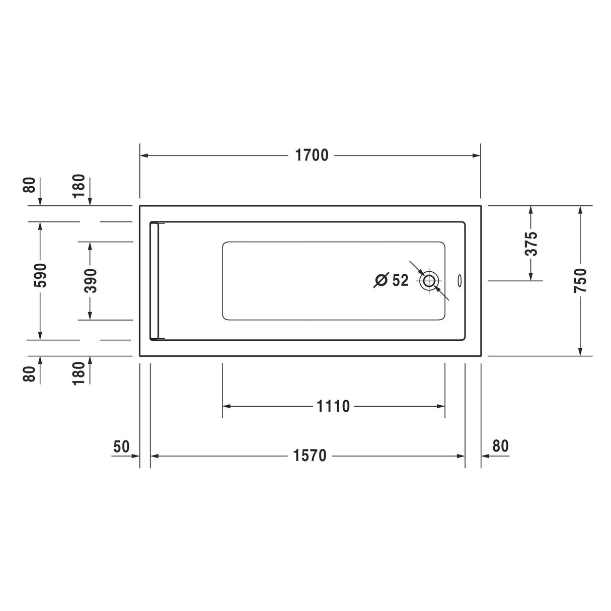 Plan technique baignoire blanche Grohe, rectangulaire, dimensions détaillées visibles.