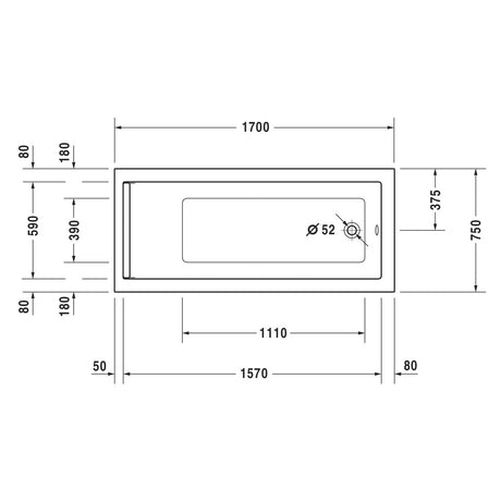 Plan technique baignoire blanche Grohe, rectangulaire, dimensions détaillées visibles.