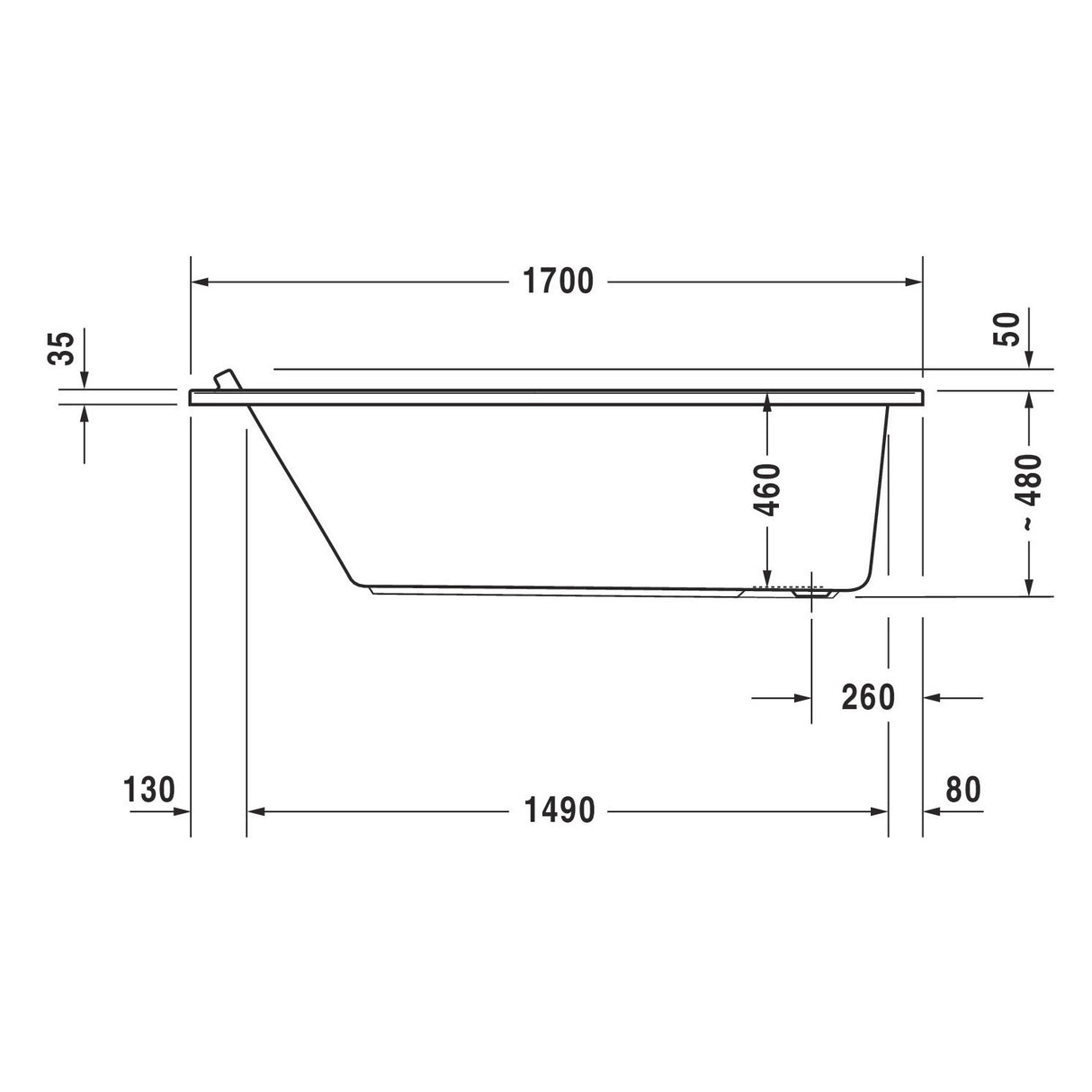 Schéma technique baignoire blanche Grohe, dimensions détaillées, produit sanitaire.