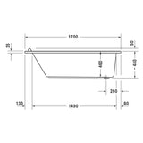 Schéma technique baignoire blanche Grohe, dimensions détaillées, produit sanitaire.