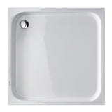 Receveur de douche blanc Ideal Standard, carré, marque clairement visible en angle.