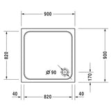 Receveur de douche blanc Grohe, dimensions 90x90 cm, plan technique détaillé