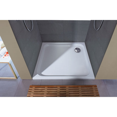 Receveur de douche blanc Grohe carré, angle salle de bain, bonde chromée.