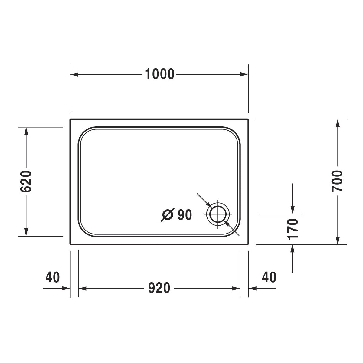 Receveur de douche blanc Grohe, rectangulaire, schéma avec dimensions détaillées