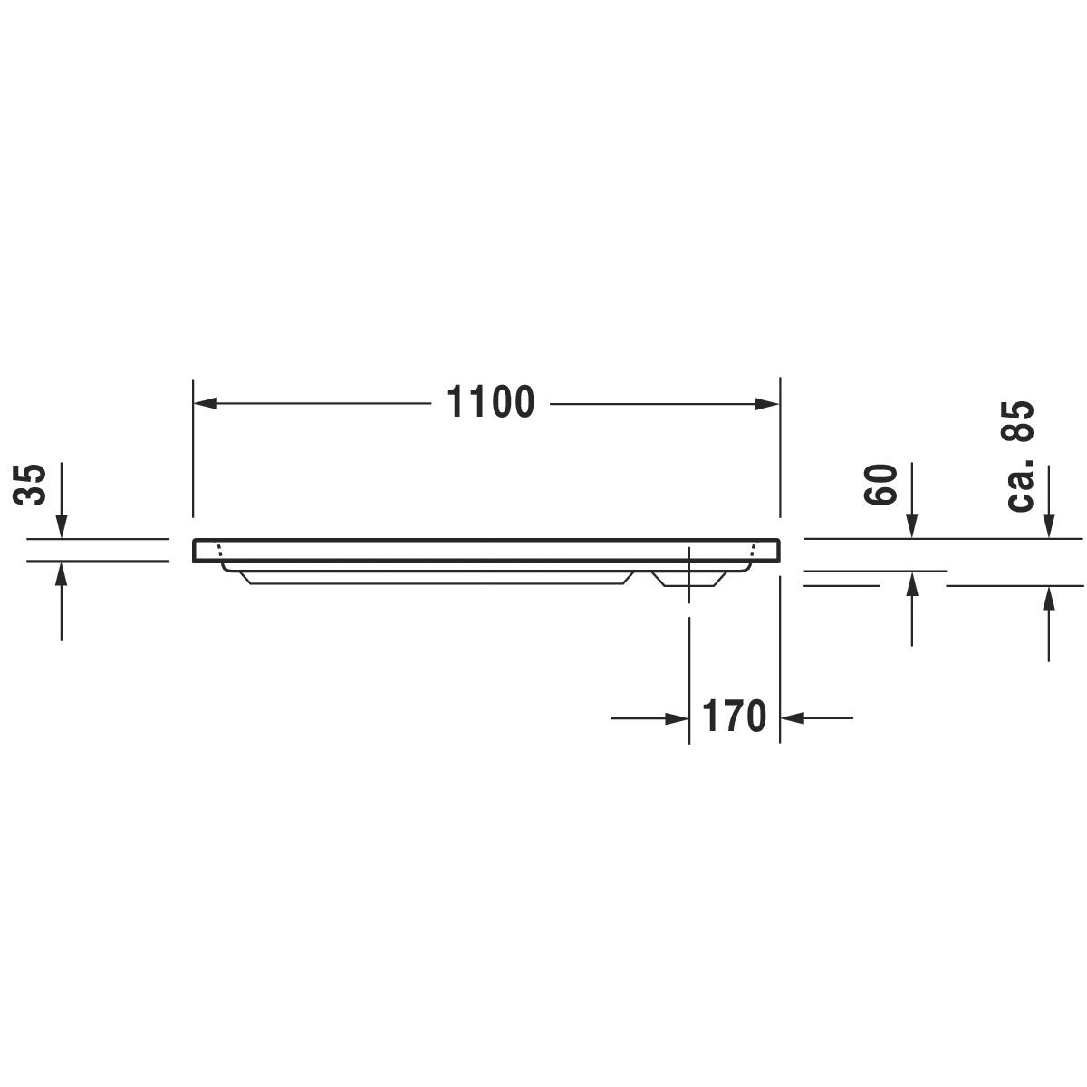Receveur de douche Kaldewei blanc, plan latéral avec dimensions 1100x35 mm.