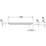 Receveur de douche Kaldewei blanc, plan latéral avec dimensions 1100x35 mm.