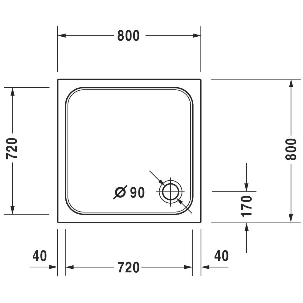Receveur de douche blanc, marque Grohe, plan carré avec dimensions détaillées.