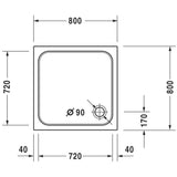 Receveur de douche blanc, marque Grohe, plan carré avec dimensions détaillées.
