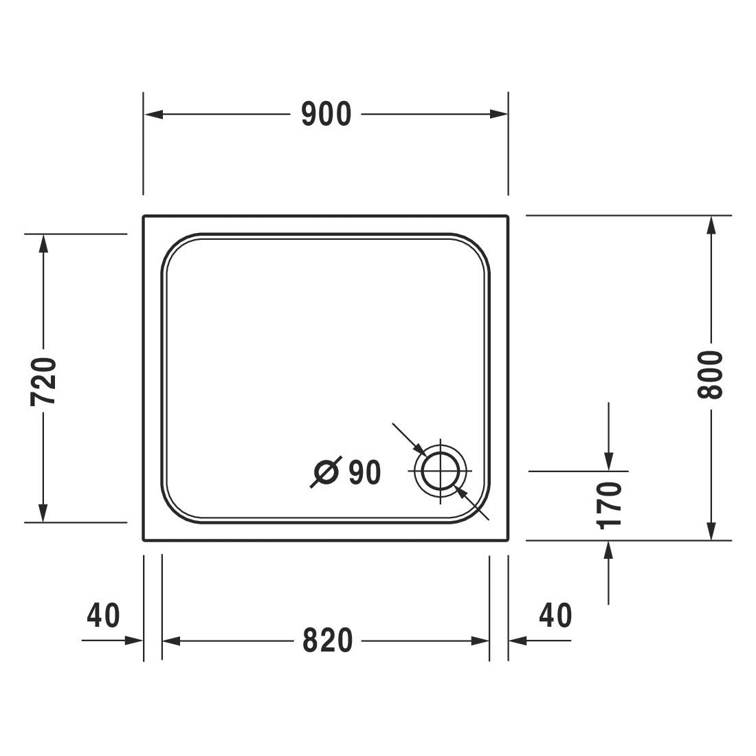 Receveur de douche blanc Grohe, plan avec dimensions 900x800 mm et évacuation ronde.