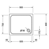 Receveur de douche blanc Grohe, plan avec dimensions 900x800 mm et évacuation ronde.