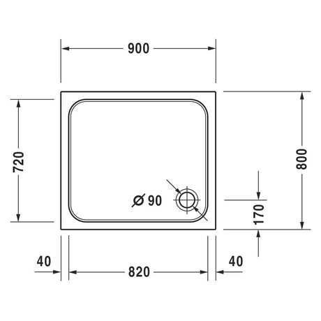 Receveur de douche blanc Grohe, plan avec dimensions 900x800 mm et évacuation ronde.