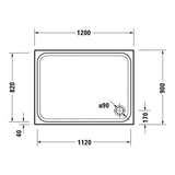 Receveur de douche Grohe blanc, plan rectangulaire avec dimensions détaillées, bonde à droite.