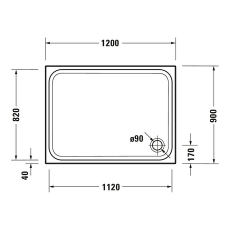 Receveur de douche Grohe blanc, plan rectangulaire avec dimensions détaillées, bonde à droite.