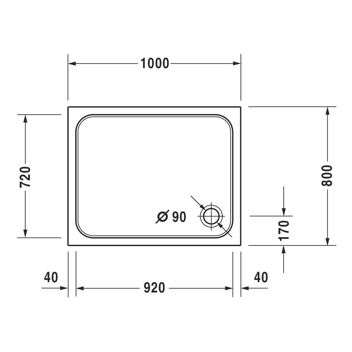 Receveur de douche Grohe rectangulaire blanc avec dimensions détaillées en millimètres