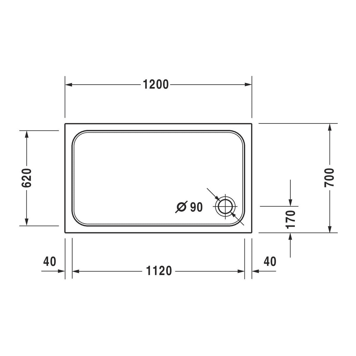 Receveur de douche blanc marque Grohe, plan rectangulaire avec dimensions détaillées.