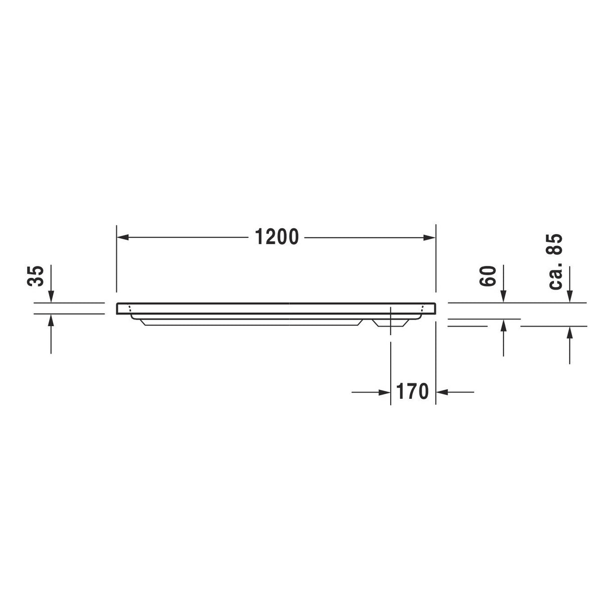 Receveur de douche blanc marque Grohe, schéma technique, dimensions 1200 mm x 35 mm.