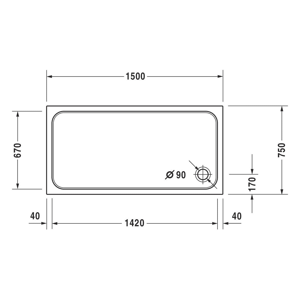 Plan technique de receveur de douche blanc GROHE, dimensions 150x75 cm, siphon inclus.