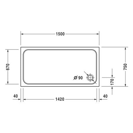 Plan technique de receveur de douche blanc GROHE, dimensions 150x75 cm, siphon inclus.