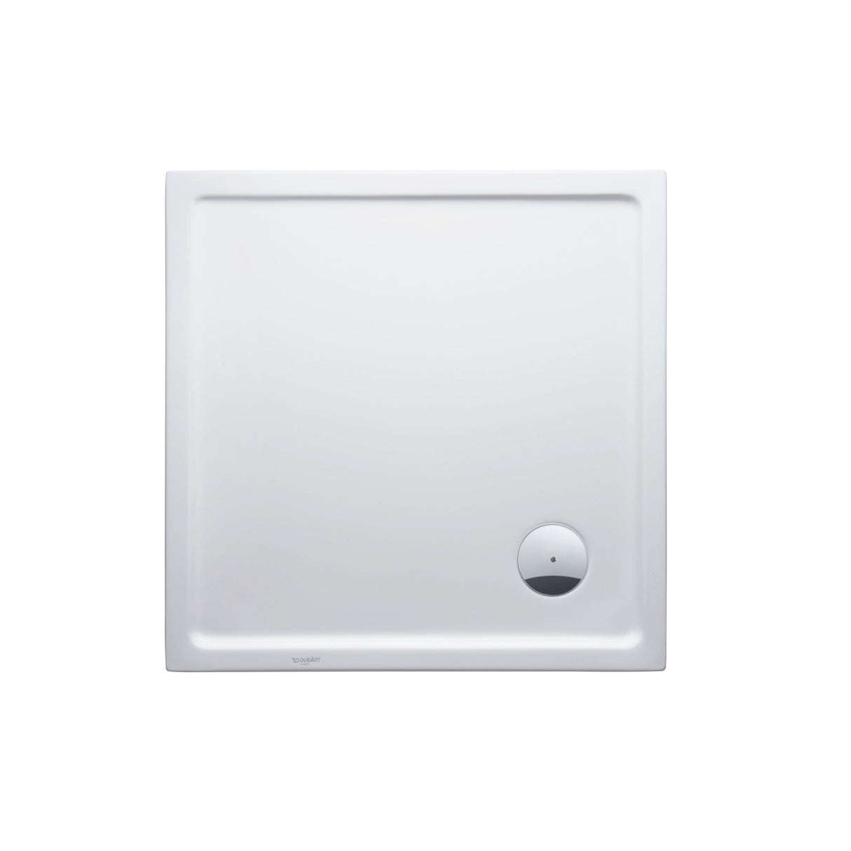Receveur de douche blanc Duravit, carré, bonde ronde visible sur le côté